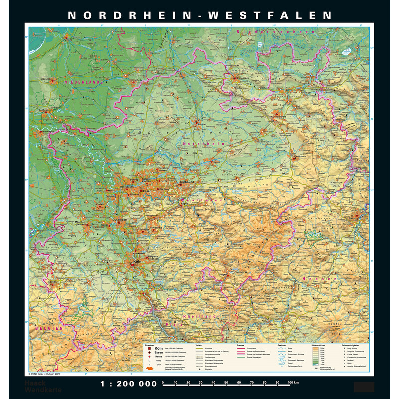 PONS Harta regionala Renania de Nord-Westfalia fizică & politică (148 x 155 cm)