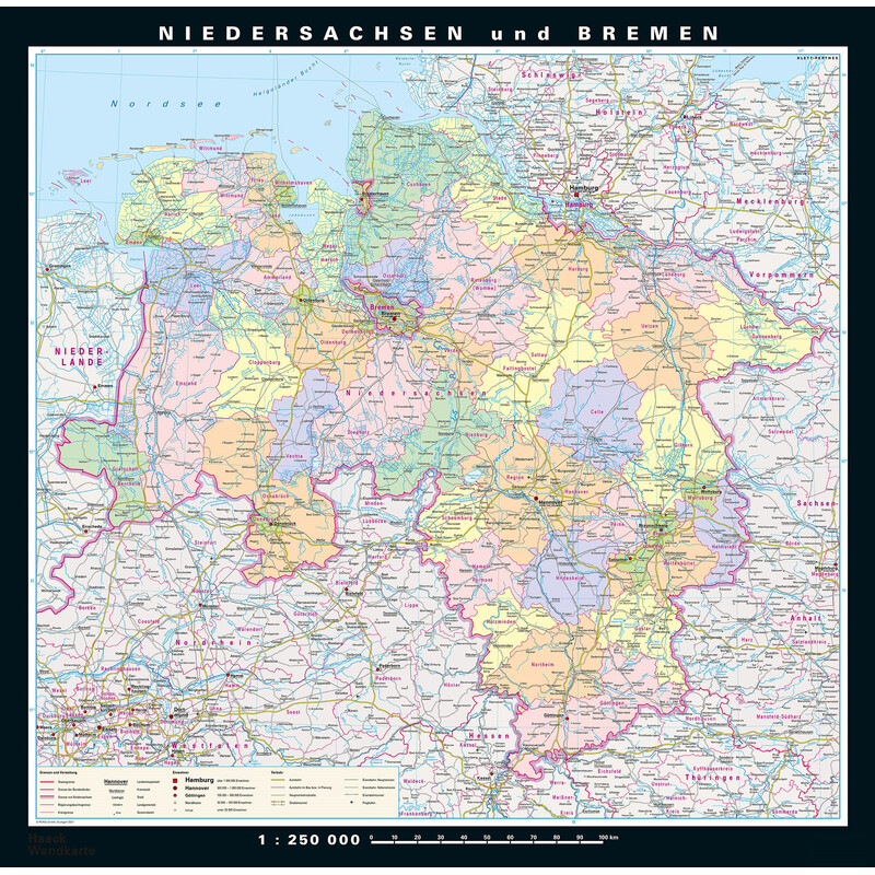 PONS Harta regionala Saxonia Inferioară și Bremen fizică & politică (148 x 150 cm)