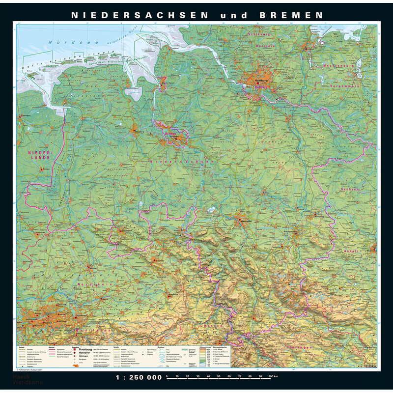 PONS Harta regionala Saxonia Inferioară și Bremen fizică & politică (148 x 150 cm)