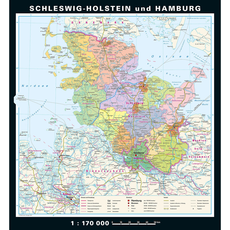 PONS Harta regionala Schleswig-Holstein și Hamburg fizică & politică (148 x 175 cm)