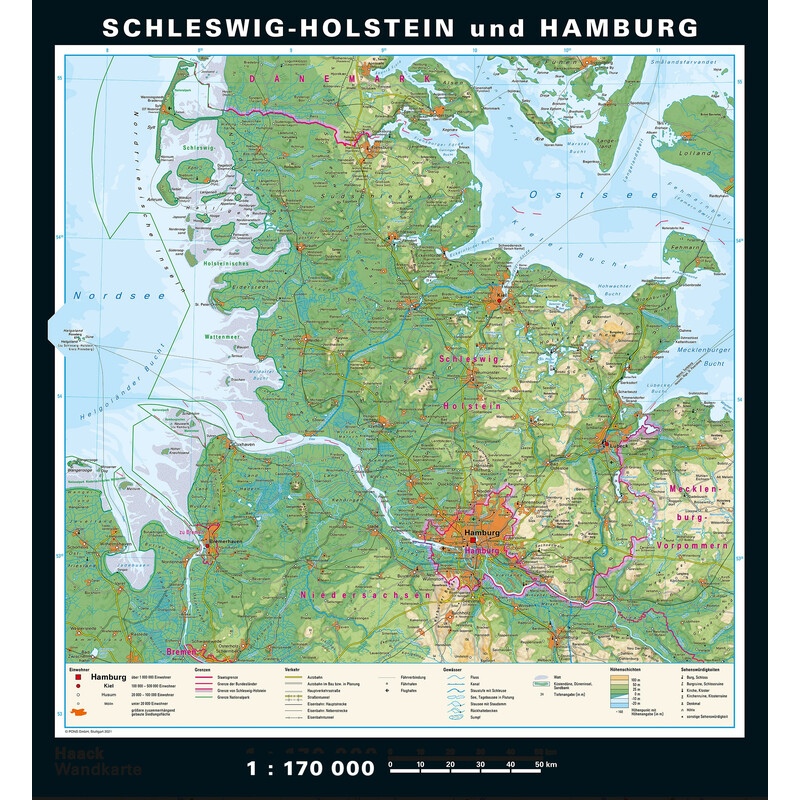 PONS Harta regionala Schleswig-Holstein și Hamburg fizică & politică (148 x 175 cm)
