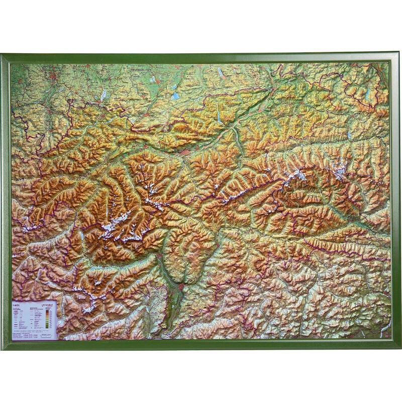 Georelief Harta regionala Tirol (78 x 58 cm) 3D Reliefkarte mit Holzrahmen