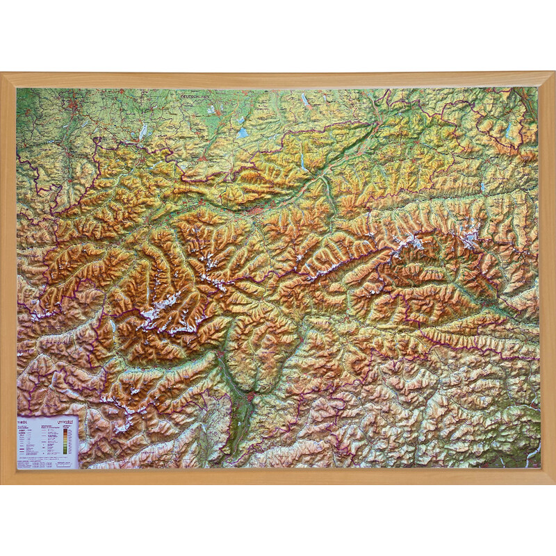 Georelief Harta regionala Tirol (78 x 58 cm) hartă 3D în relief cu Rama din lemn
