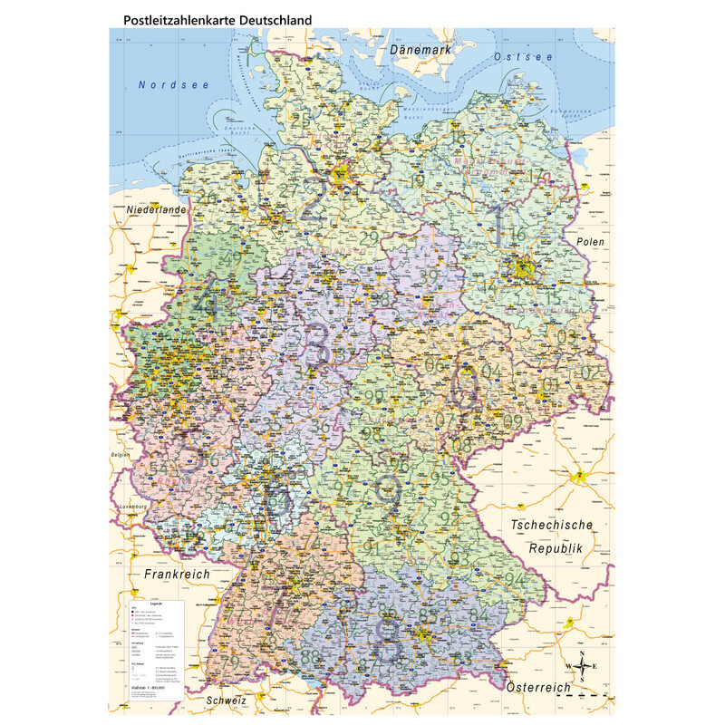 GeoMetro Harta Deutschland politisch mit Postleitzahlen PLZ (84 x 114 cm)