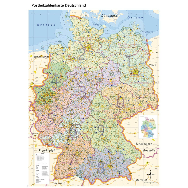 GeoMetro Harta Deutschland politisch mit Postleitzahlen PLZ XL (100 x 140 cm)