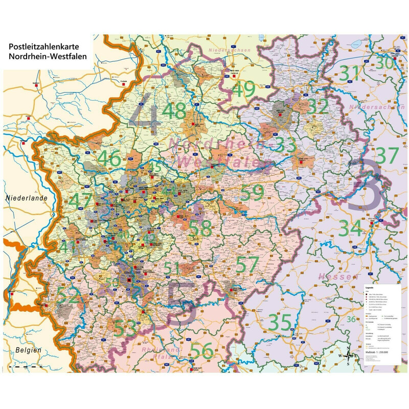 GeoMetro Harta regionala Nordrhein-Westfalen Postleitzahlen PLZ NRW (118 x 100 cm)
