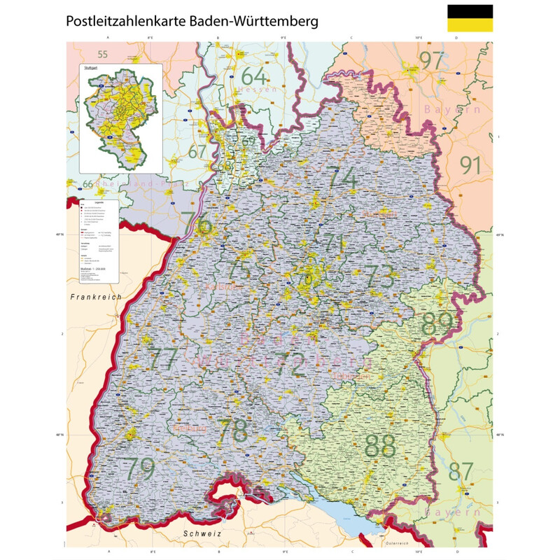 GeoMetro Harta regionala Baden-Württemberg Postleitzahlen PLZ (100 x 123 cm)