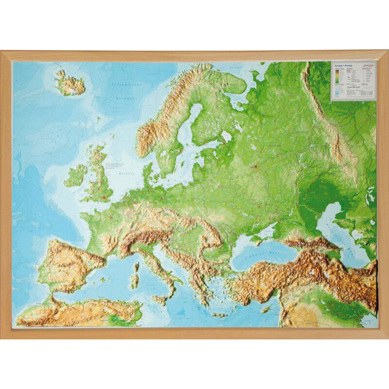 Georelief Hartă continentală Harta in relief 3D a Europei, mare, in cadru de lemn (in germana)