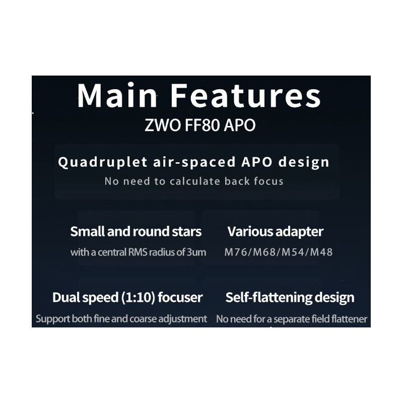 ZWO Refractor apochromat FF80 AP 80/600 Quadruplet OTA
