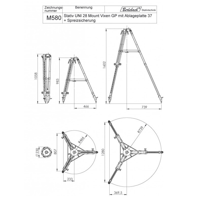 Berlebach Trepied Uni 28 cu placă de suport plată de 3/8"