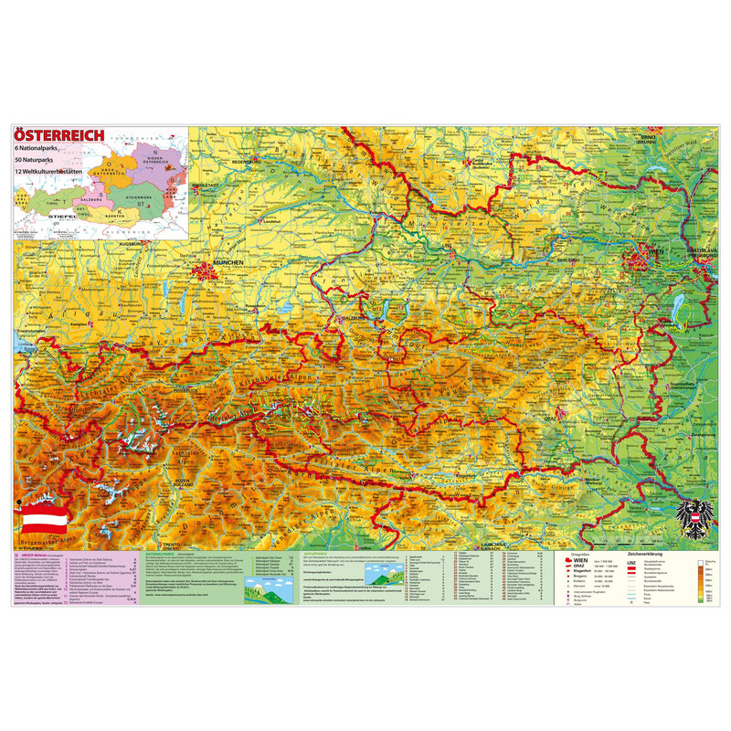 Stiefel Harta Österreich National- und Naturparks mit UNESCO-Welterbestätten (98 x 68 cm)