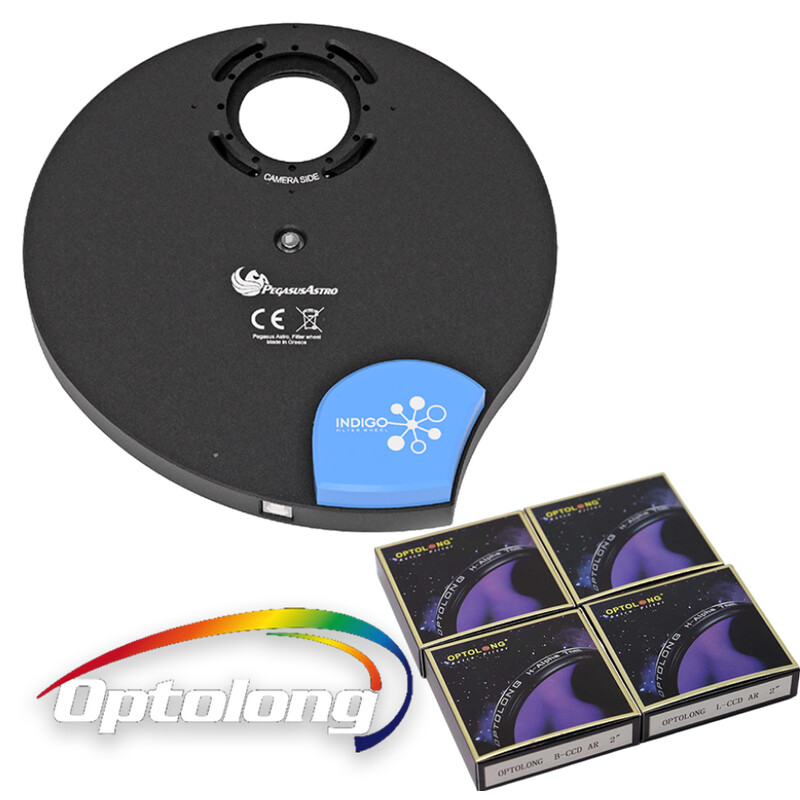 PegasusAstro Roată de filtre Indigo + filtre Optolong LRGB 2"